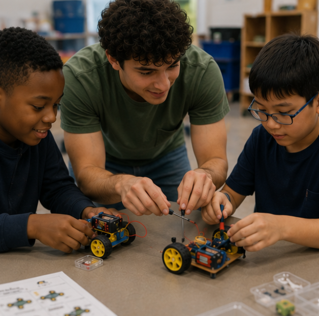 A volunteer helping youth build electric cars